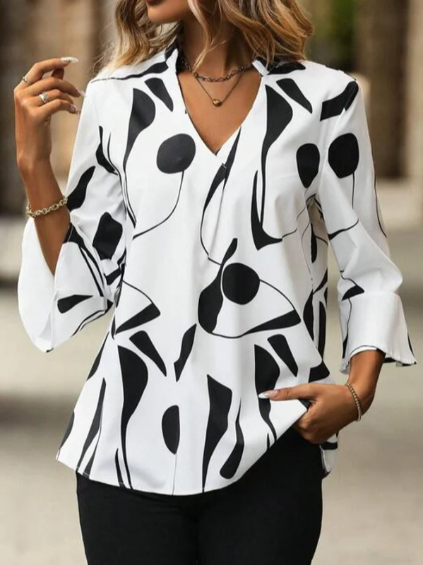 Полиестерова риза с рисунък, V-образна яка, ръкав 3/4, ръкав тип лотосов лист