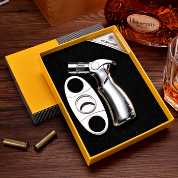 CIGARLOONG dviejų dalių rinkinys: cigarų uždegiklis ir peilis, nerūdijančio plieno, vėjo atsparus, butano kuras, nešiojamas