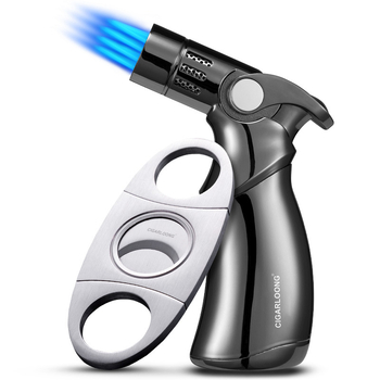 CIGARLOONG dviejų dalių rinkinys: cigarų uždegiklis ir peilis, nerūdijančio plieno, vėjo atsparus, butano kuras, nešiojamas