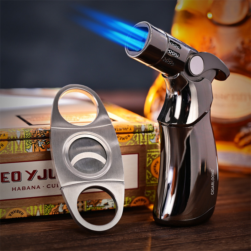 CIGARLOONG dviejų dalių rinkinys: cigarų uždegiklis ir peilis, nerūdijančio plieno, vėjo atsparus, butano kuras, nešiojamas