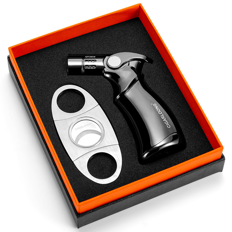 CIGARLOONG dviejų dalių rinkinys: cigarų uždegiklis ir peilis, nerūdijančio plieno, vėjo atsparus, butano kuras, nešiojamas