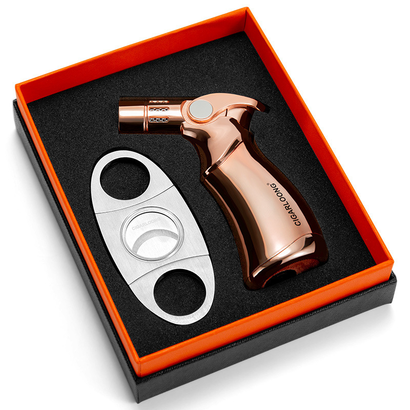 CIGARLOONG dviejų dalių rinkinys: cigarų uždegiklis ir peilis, nerūdijančio plieno, vėjo atsparus, butano kuras, nešiojamas