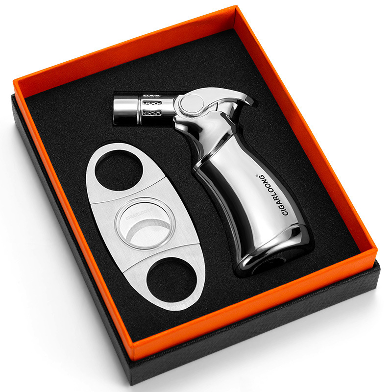 CIGARLOONG dviejų dalių rinkinys: cigarų uždegiklis ir peilis, nerūdijančio plieno, vėjo atsparus, butano kuras, nešiojamas