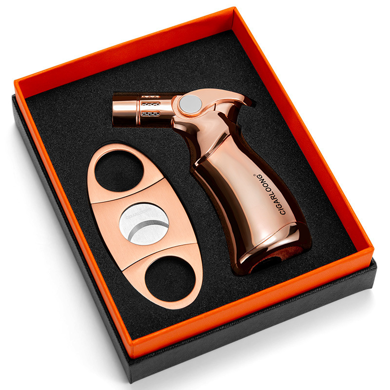 CIGARLOONG dviejų dalių rinkinys: cigarų uždegiklis ir peilis, nerūdijančio plieno, vėjo atsparus, butano kuras, nešiojamas