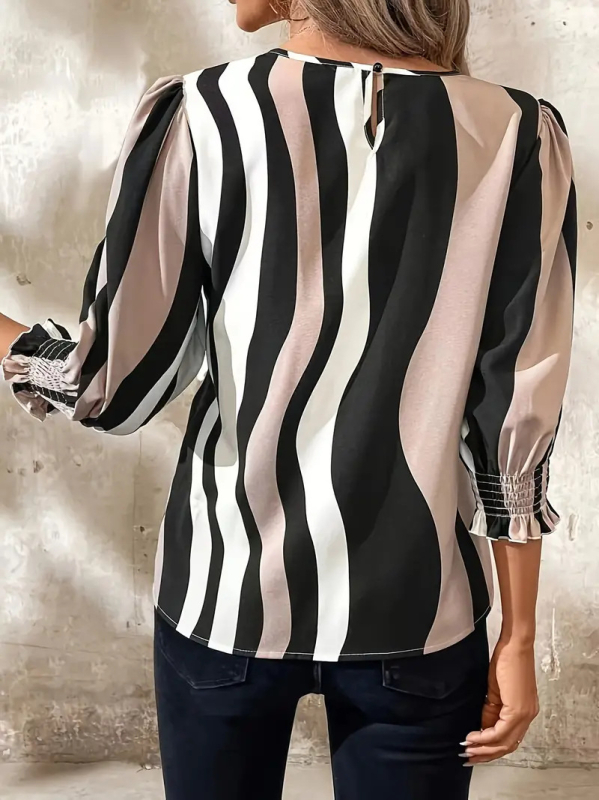 Cămașă cu imprimeu, poliester, guler rotund, mâneci 3/4, mâneci bufante