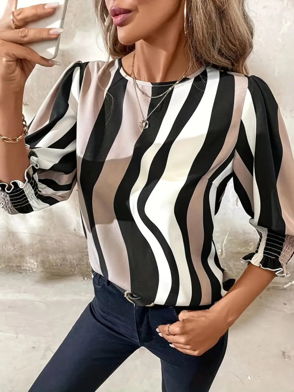 Cămașă cu imprimeu, poliester, guler rotund, mâneci 3/4, mâneci bufante