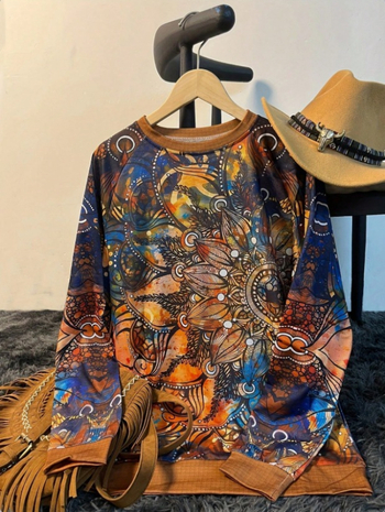 Női casual pulóver növények-virágok mintával, normál szabás, középméret hosszú ujjú, kerek nyakú, poliészter-spandex keverék