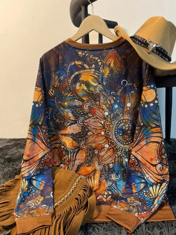 Női casual pulóver növények-virágok mintával, normál szabás, középméret hosszú ujjú, kerek nyakú, poliészter-spandex keverék