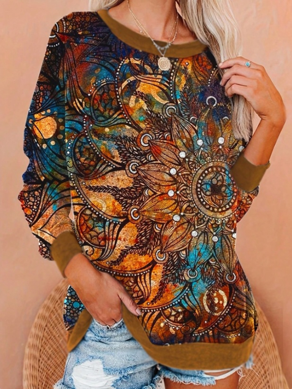 Női casual pulóver növények-virágok mintával, normál szabás, középméret hosszú ujjú, kerek nyakú, poliészter-spandex keverék