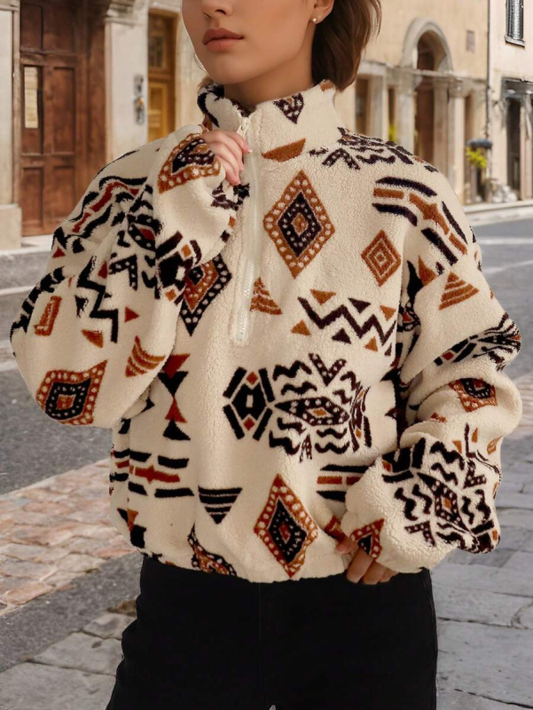 Ženski flis džemper s geometrijskim uzorkom, debeli poliester materijal, ležerni kroj, dugi rukavi, polo ovratnik