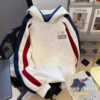 Korejiešu stilā džemperis bez kapuces, 96% kokvilna, uzrakstu drukāšana ar burtiem un patchwork, garas piedurknes, brīvs griezums