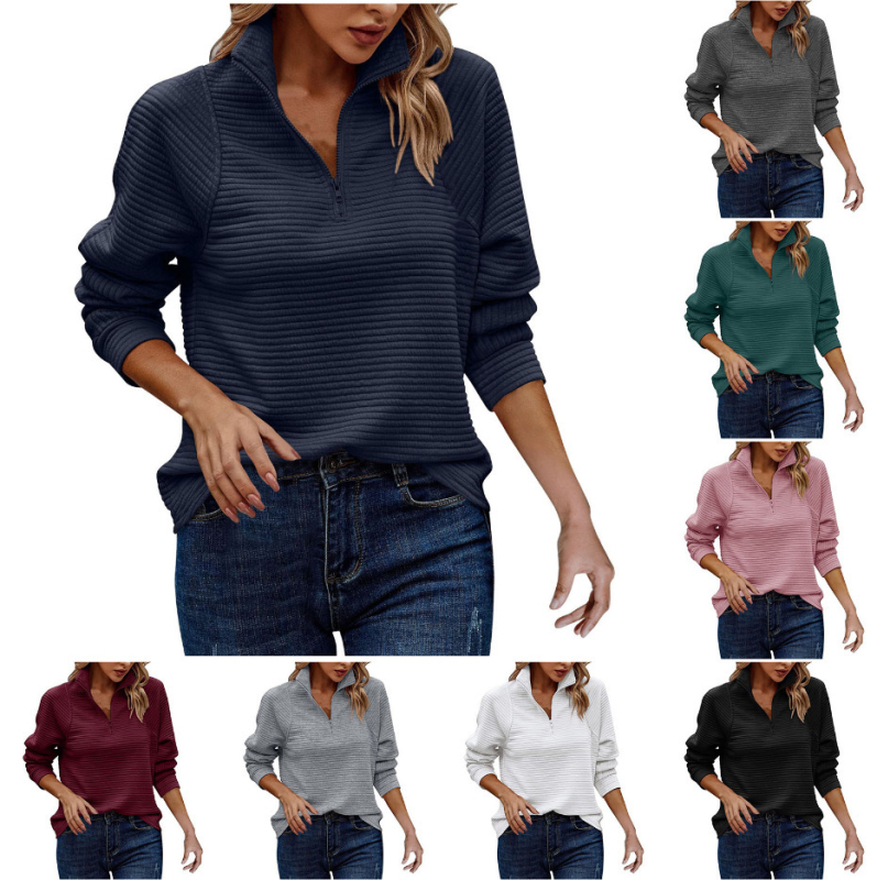 Pulover damă cu guler înalt și fermoar, croială lejeră, model cu textură de os de șarpe, mâneci lungi, amestec poliester-spandex 50–70%, grosime medie, panouri cusute