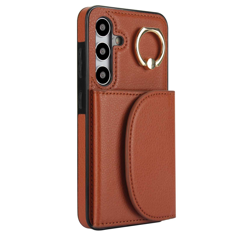 Kožený obal na telefón s priestorom na karty a kovovým prstenom, PU/TPU, ručná práca, proti pádu, kompatibilné Samsung