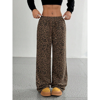 Pantaloni casual dama cu talie înaltă, croi larg, leopard, 95% poliester, microelasticitate