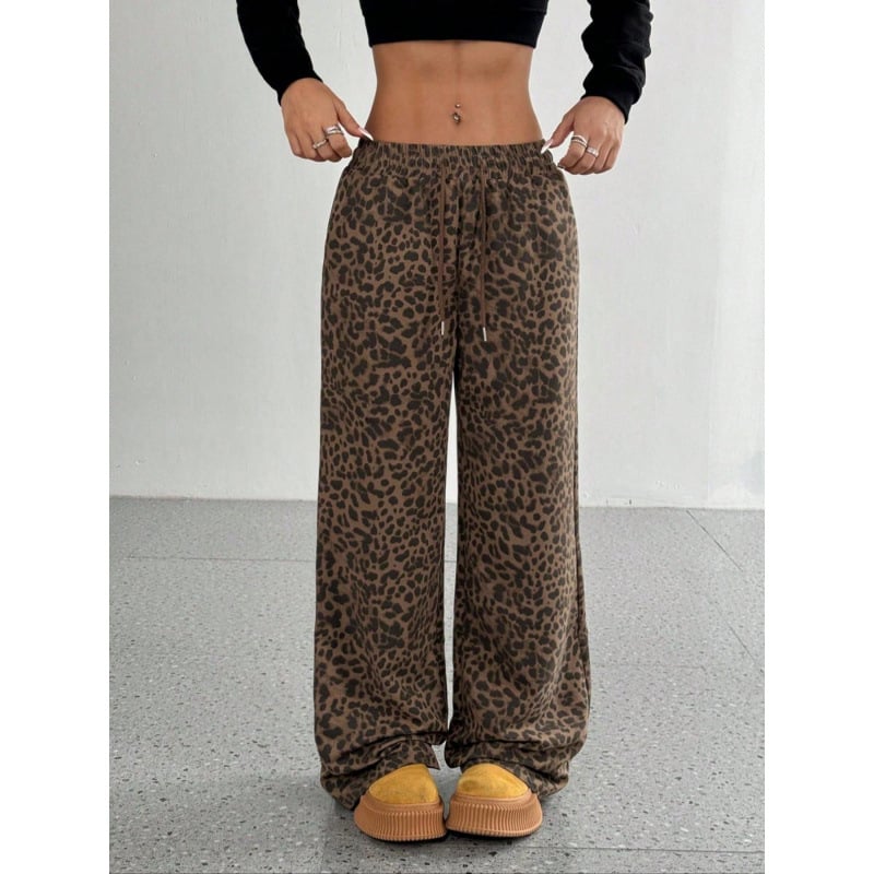 Pantaloni casual dama cu talie înaltă, croi larg, leopard, 95% poliester, microelasticitate