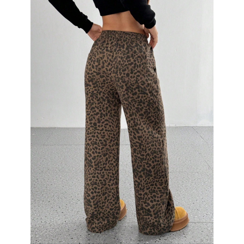 Pantaloni casual dama cu talie înaltă, croi larg, leopard, 95% poliester, microelasticitate