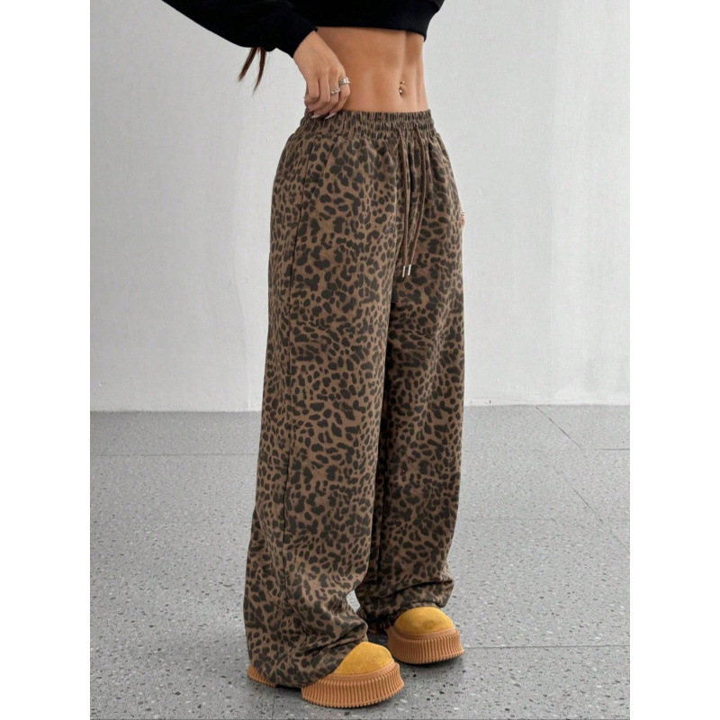 Pantaloni casual dama cu talie înaltă, croi larg, leopard, 95% poliester, microelasticitate