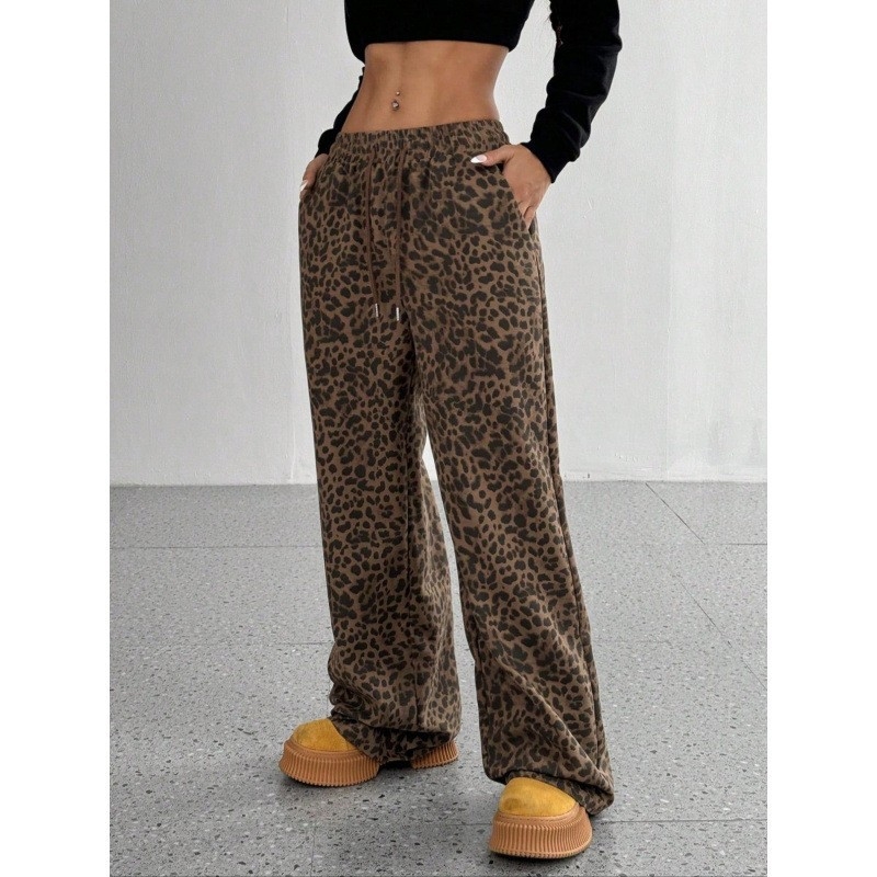 Pantaloni casual dama cu talie înaltă, croi larg, leopard, 95% poliester, microelasticitate