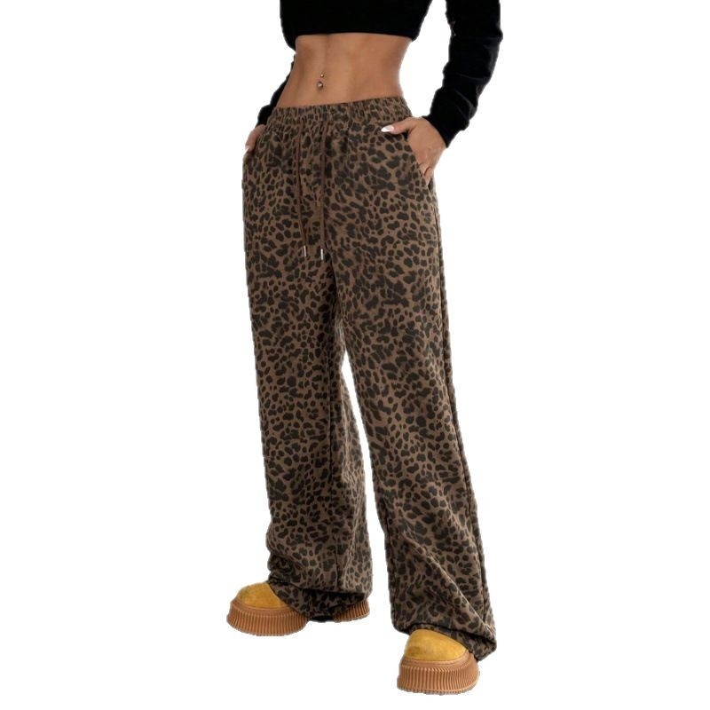Pantaloni casual dama cu talie înaltă, croi larg, leopard, 95% poliester, microelasticitate