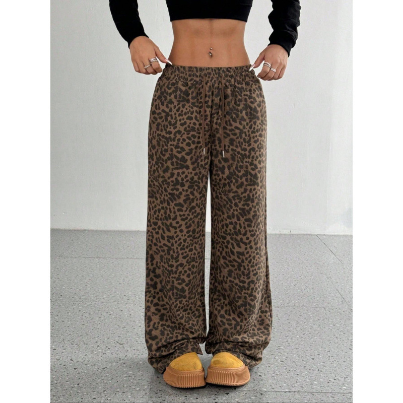 Pantaloni casual dama cu talie înaltă, croi larg, leopard, 95% poliester, microelasticitate