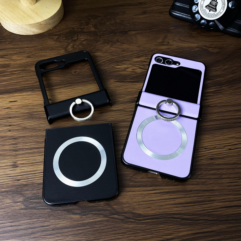 Carcasă Samsung Z Flip cu suport magnetic, design două în unu, piele sintetică cu relief gravat