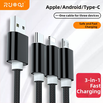 Πλεγμένο καλώδιο δεδομένων και φόρτισης για κινητά, διακλάδωση 1 προς 3, 2.4A γρήγορη φόρτιση, μήκος 1 m, θύρες Lightning, Micro USB και Type-C, μέγιστη ισχύς 12W
