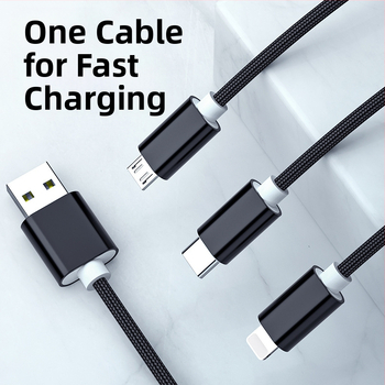 Πλεγμένο καλώδιο δεδομένων και φόρτισης για κινητά, διακλάδωση 1 προς 3, 2.4A γρήγορη φόρτιση, μήκος 1 m, θύρες Lightning, Micro USB και Type-C, μέγιστη ισχύς 12W