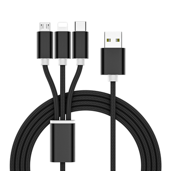 Πλεγμένο καλώδιο δεδομένων και φόρτισης για κινητά, διακλάδωση 1 προς 3, 2.4A γρήγορη φόρτιση, μήκος 1 m, θύρες Lightning, Micro USB και Type-C, μέγιστη ισχύς 12W