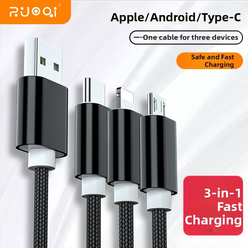 Πλεγμένο καλώδιο δεδομένων και φόρτισης για κινητά, διακλάδωση 1 προς 3, 2.4A γρήγορη φόρτιση, μήκος 1 m, θύρες Lightning, Micro USB και Type-C, μέγιστη ισχύς 12W