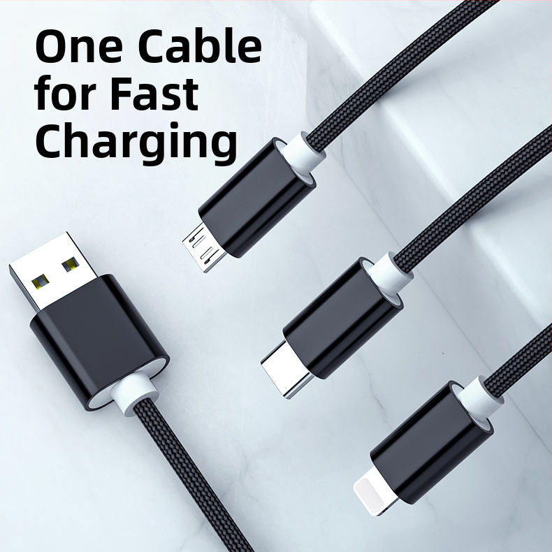 Πλεγμένο καλώδιο δεδομένων και φόρτισης για κινητά, διακλάδωση 1 προς 3, 2.4A γρήγορη φόρτιση, μήκος 1 m, θύρες Lightning, Micro USB και Type-C, μέγιστη ισχύς 12W