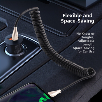 Type-C αυτοκινητικό καλώδιο φόρτισης με ελατήριο, κατάλληλο για αυτοκίνητα και μοτοσικλέτες, 100W γρήγορη φόρτιση, 6A, TPE