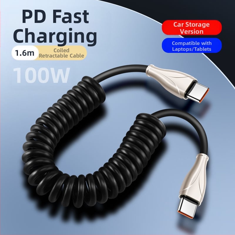 Type-C αυτοκινητικό καλώδιο φόρτισης με ελατήριο, κατάλληλο για αυτοκίνητα και μοτοσικλέτες, 100W γρήγορη φόρτιση, 6A, TPE