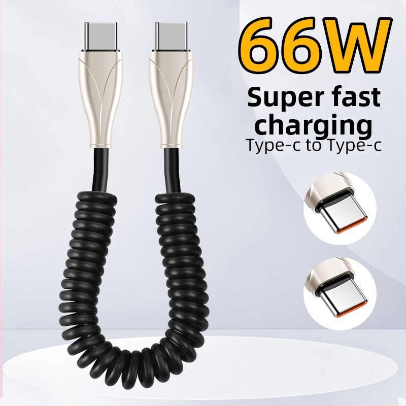 Type-C αυτοκινητικό καλώδιο φόρτισης με ελατήριο, κατάλληλο για αυτοκίνητα και μοτοσικλέτες, 100W γρήγορη φόρτιση, 6A, TPE