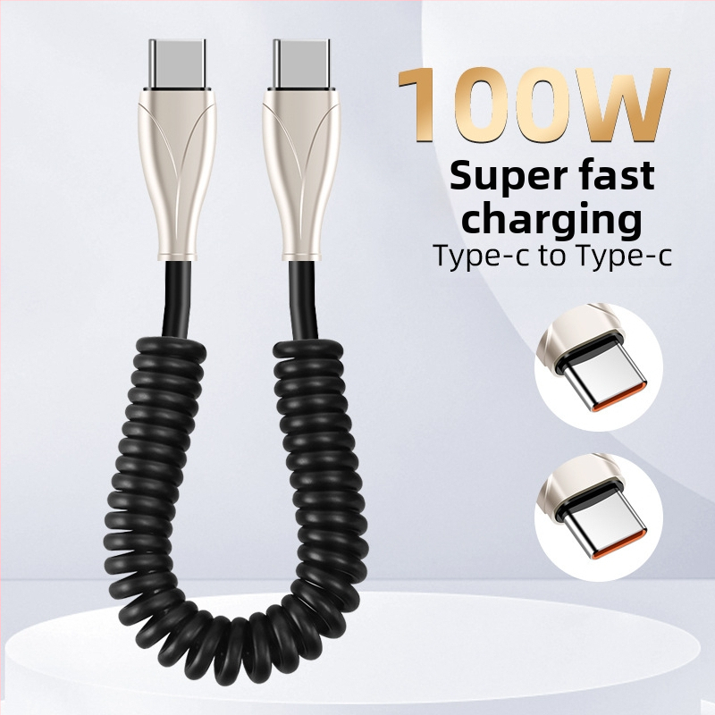 Type-C αυτοκινητικό καλώδιο φόρτισης με ελατήριο, κατάλληλο για αυτοκίνητα και μοτοσικλέτες, 100W γρήγορη φόρτιση, 6A, TPE