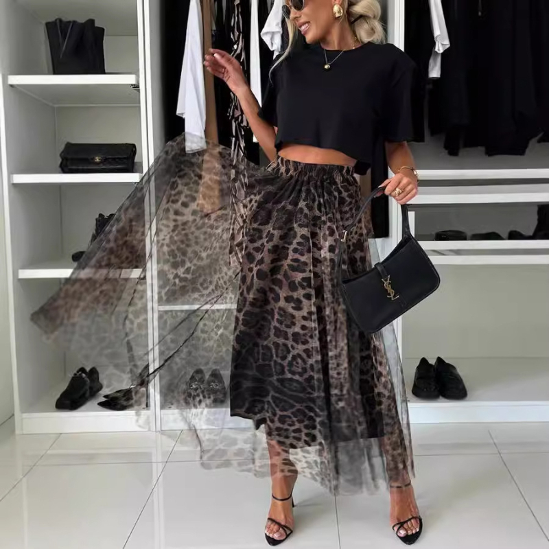 Fustă midi din sifon cu imprimeu leopard, talie elastică, croială largă