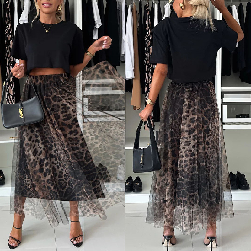 Fustă midi din sifon cu imprimeu leopard, talie elastică, croială largă