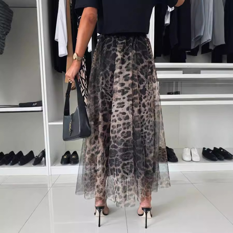 Fustă midi din sifon cu imprimeu leopard, talie elastică, croială largă