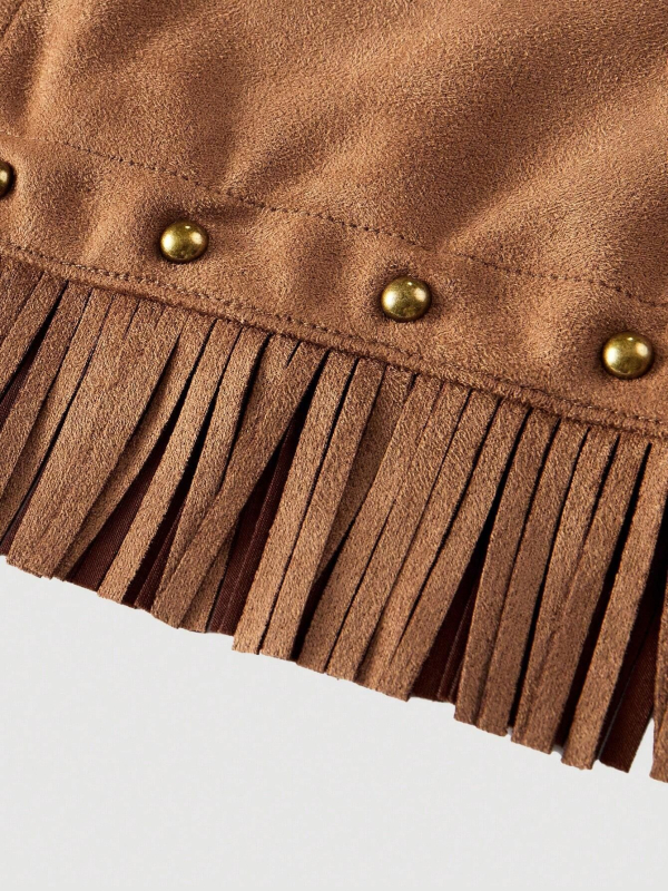 Fustă de velur pentru șolduri, cu accente de cupru, ciucuri și nasturi, 90–95% poliester, primăvara 2025