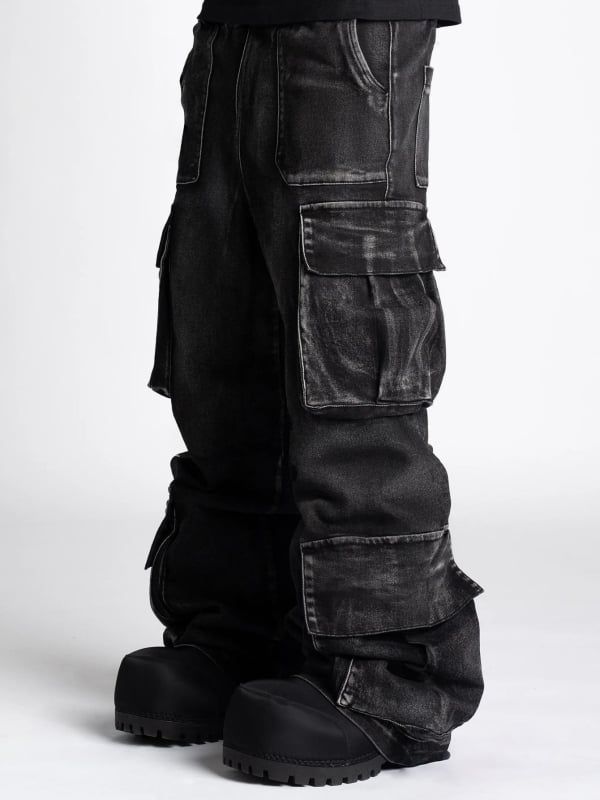 Blugi din denim de bumbac, talie medie, fermoar, croială dreaptă