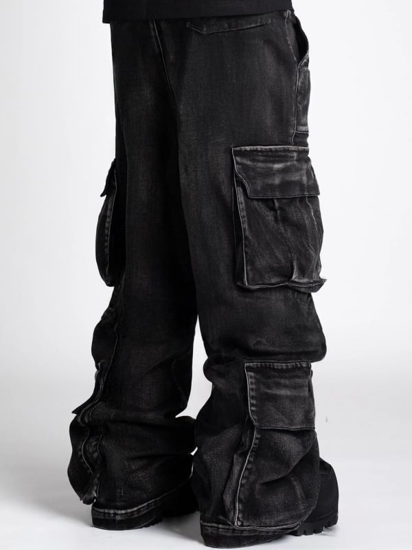 Blugi din denim de bumbac, talie medie, fermoar, croială dreaptă