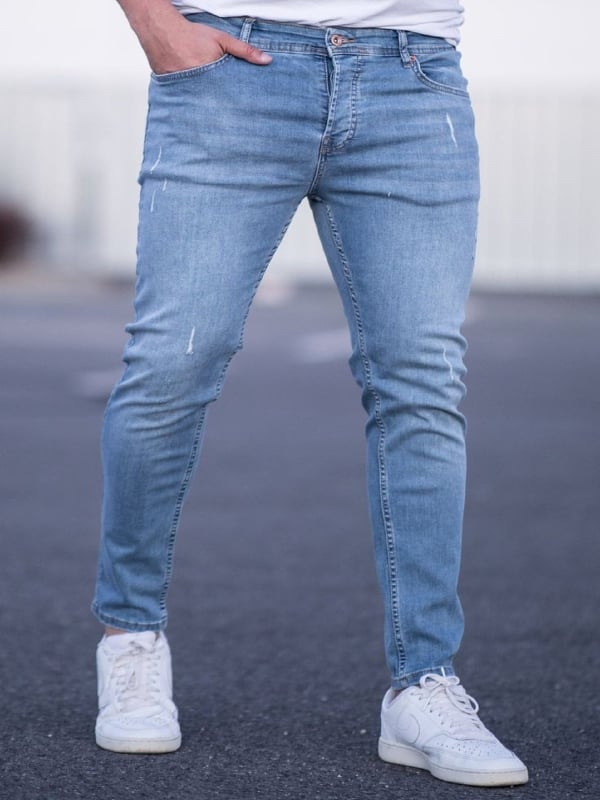 Мъжки дънки: прави крачоли, тесен силует, с изтъркани ръбове, средна талия, крачол с тесен отвор