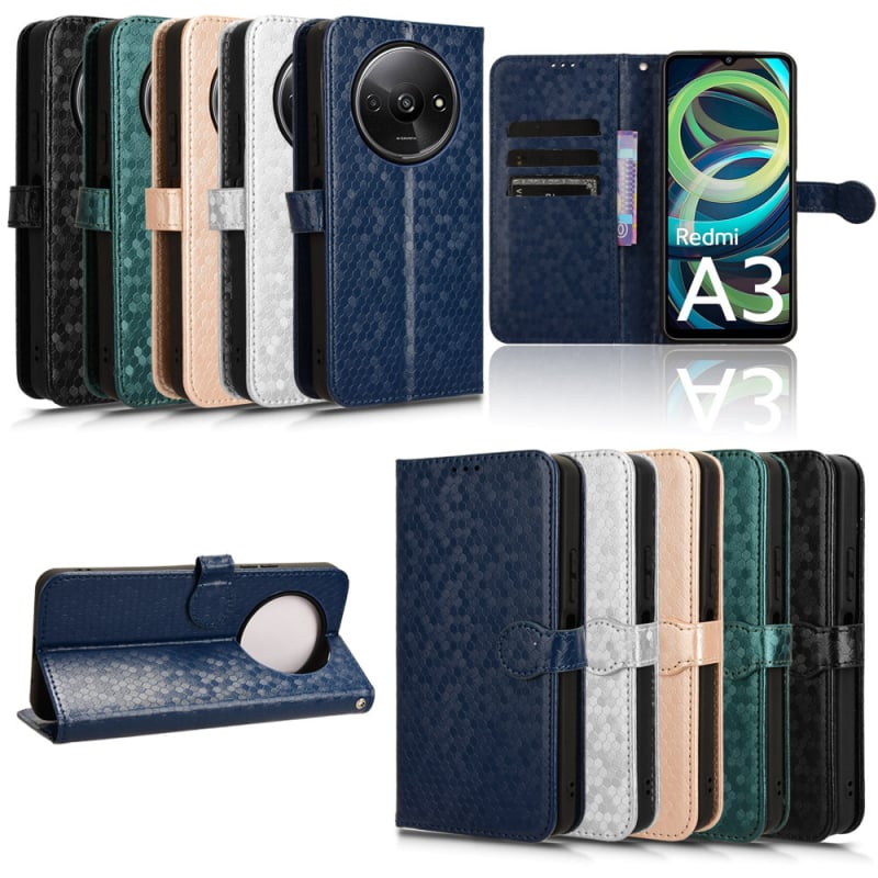 Θήκη Redmi A3 με πουά σχέδιο, φλιπ από συνθετικό δέρμα, επεξεργασία λαδιού, αντίσταση σε πτώσεις