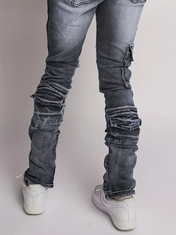 Мъжки дънки с права кройка, средна талия, цип отпред, износени детайли с ефект на стареене, деним, 58% памук