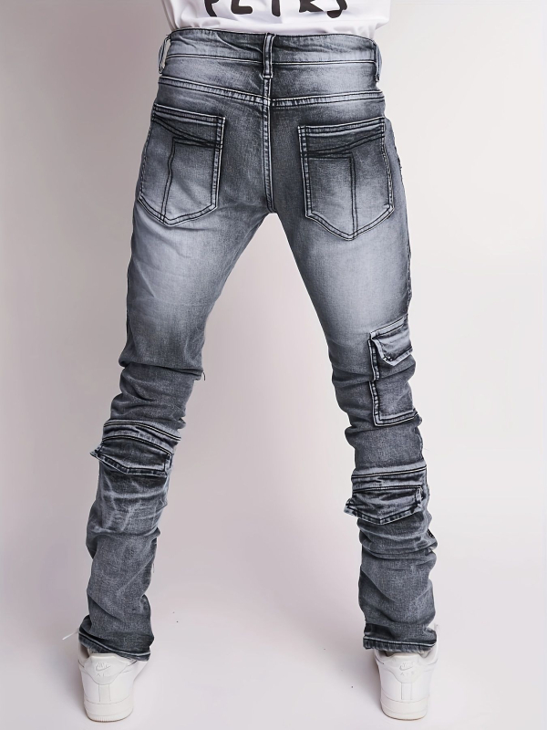 Мъжки дънки с права кройка, средна талия, цип отпред, износени детайли с ефект на стареене, деним, 58% памук