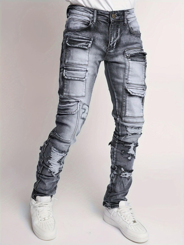 Мъжки дънки с права кройка, средна талия, цип отпред, износени детайли с ефект на стареене, деним, 58% памук