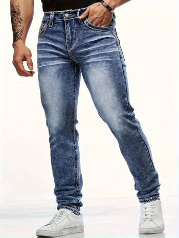 Мъжки дънки с права кройка, средна талия, памучен деним, микроеластичност, цип, каменно пране, бродирани детайли