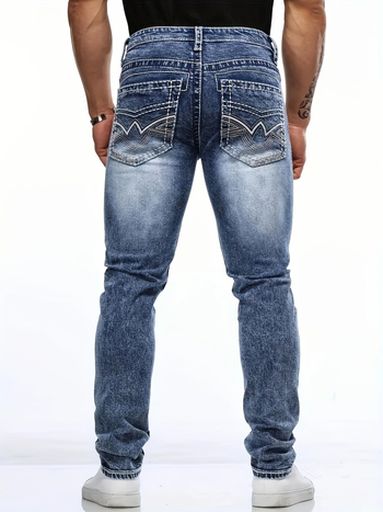 Мъжки дънки с права кройка, средна талия, памучен деним, микроеластичност, цип, каменно пране, бродирани детайли