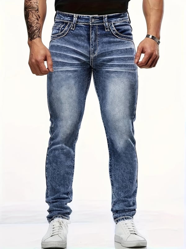 Jeanși bărbați talie medie, croială dreaptă, denim din bumbac, microelasticitate, fermoar, spălare cu piatră, detalii brodate