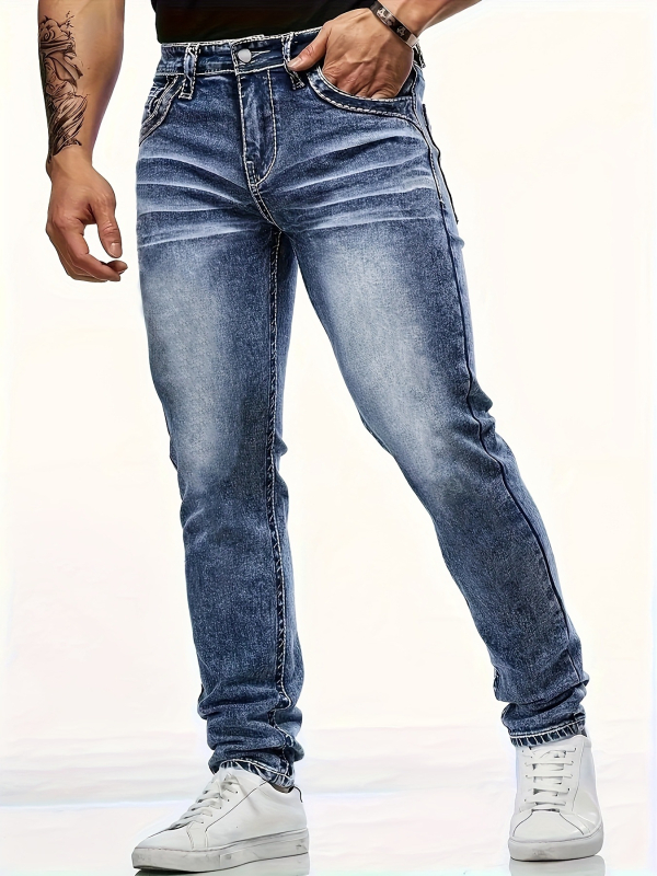 Jeanși bărbați talie medie, croială dreaptă, denim din bumbac, microelasticitate, fermoar, spălare cu piatră, detalii brodate