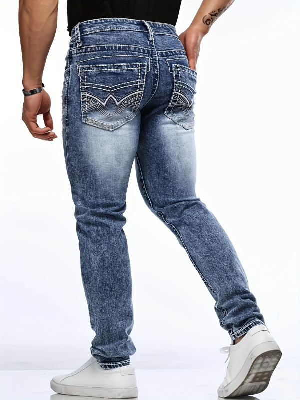 Jeanși bărbați talie medie, croială dreaptă, denim din bumbac, microelasticitate, fermoar, spălare cu piatră, detalii brodate
